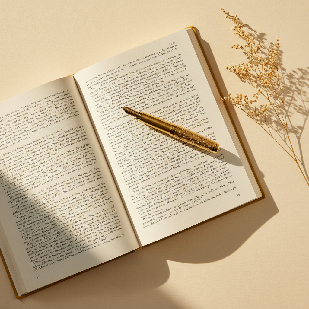 An elegant editorial workspace flat lay on a warm cream background: an open manuscript with handwritten notes in the margins, a gold fountain pen resting diagonally across the pages, a small sprig of dried botanicals, and soft warm light from the side. Sophisticated, literary, warm ivory and gold tones. No people.
