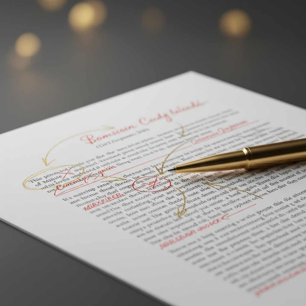 Elegant close-up of a printed page covered in precise red and gold editorial markup — corrections, arrows, circled words — with a sleek gold ballpoint pen resting on the page. Clean, precise, sophisticated. White paper, gold accents, dark background. No people.