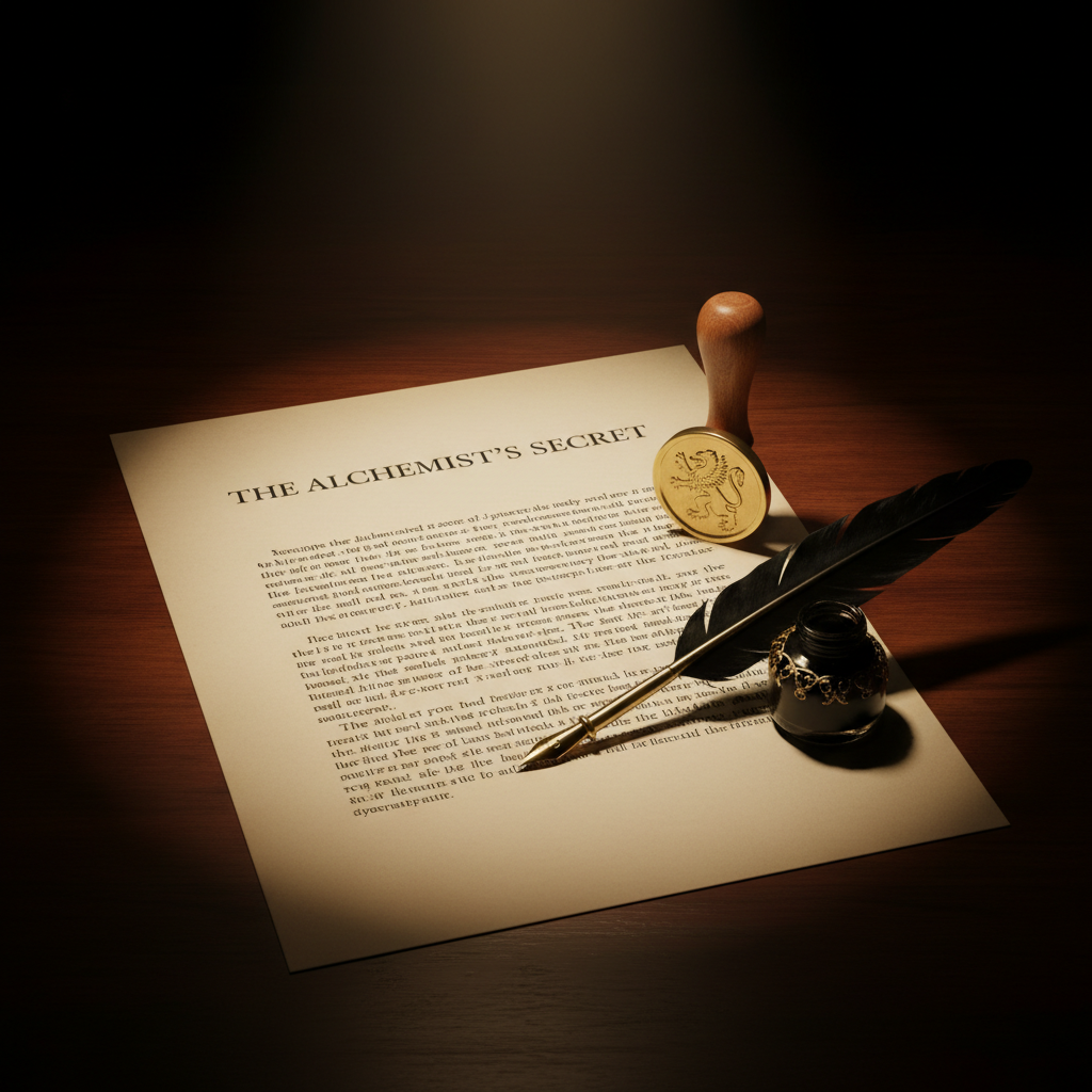 A single clean page of a story synopsis on a dark wood desk, with a gold wax seal stamp resting beside it, a quill pen, and soft spotlight lighting from above. Elegant and classic literary feel. Black and gold tones. No people.