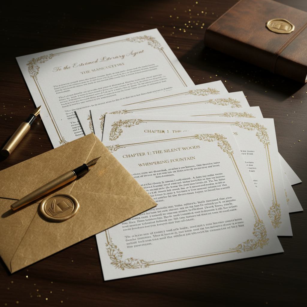 A beautifully presented query letter and the first 10 pages of a manuscript, fanned out on a dark background, with a gold envelope and elegant wax seal. Clean white paper, gold accents, dramatic lighting. Publishing and literary agent aesthetic. No people.