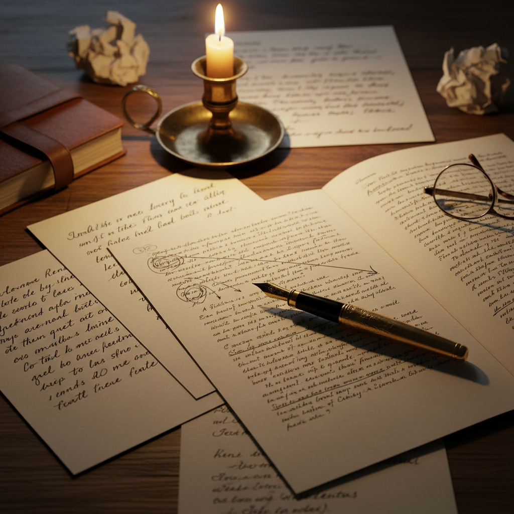 A close-up of handwritten story notes and a manuscript spread open on a desk, with a gold pen making structural edits, warm candlelight glow, black ink on cream paper, elegant and literary atmosphere