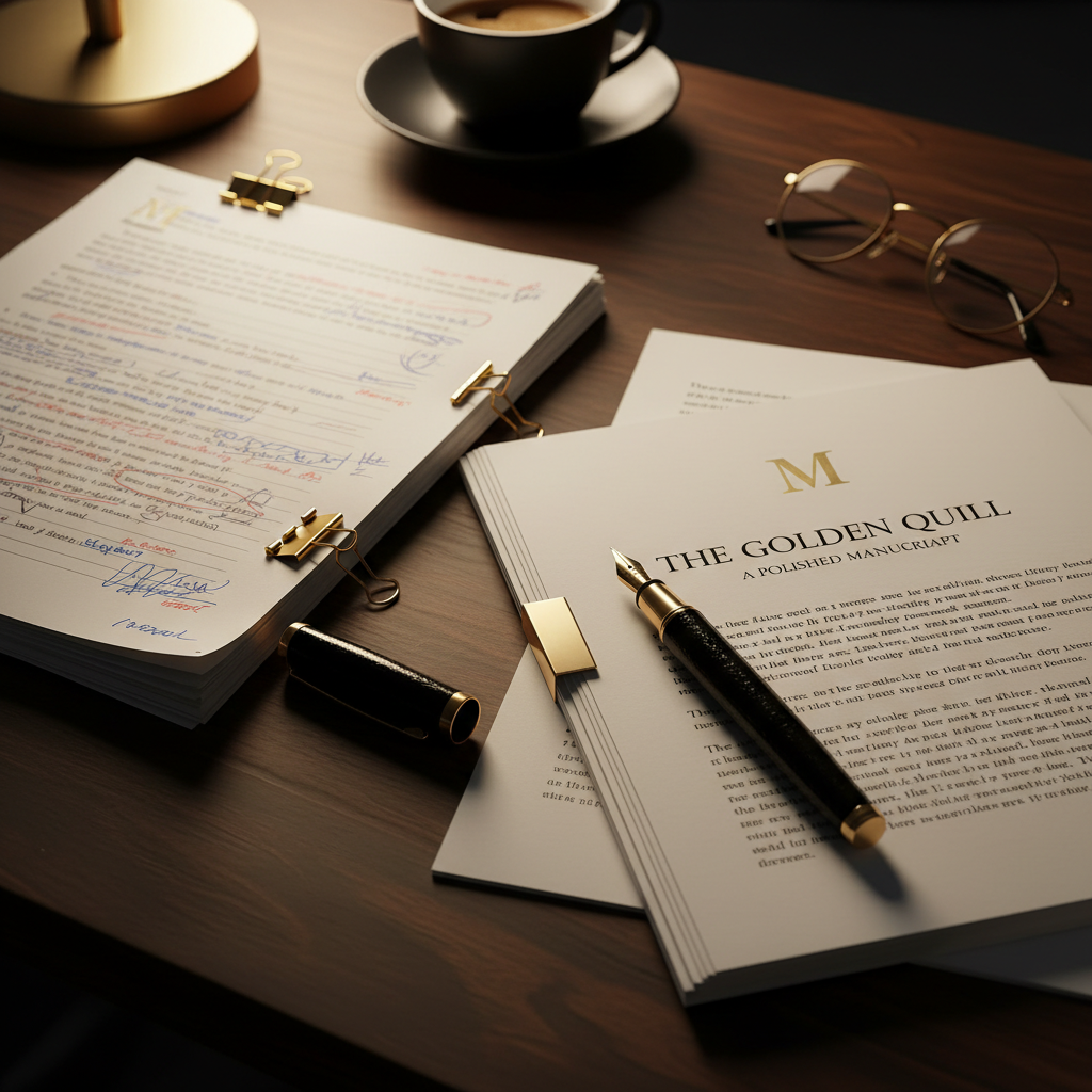 Two layered manuscript drafts side by side on a dark surface, gold paperclips and a fountain pen, warm editorial atmosphere, showing the before and after of a polished book manuscript, sophisticated black and gold tones